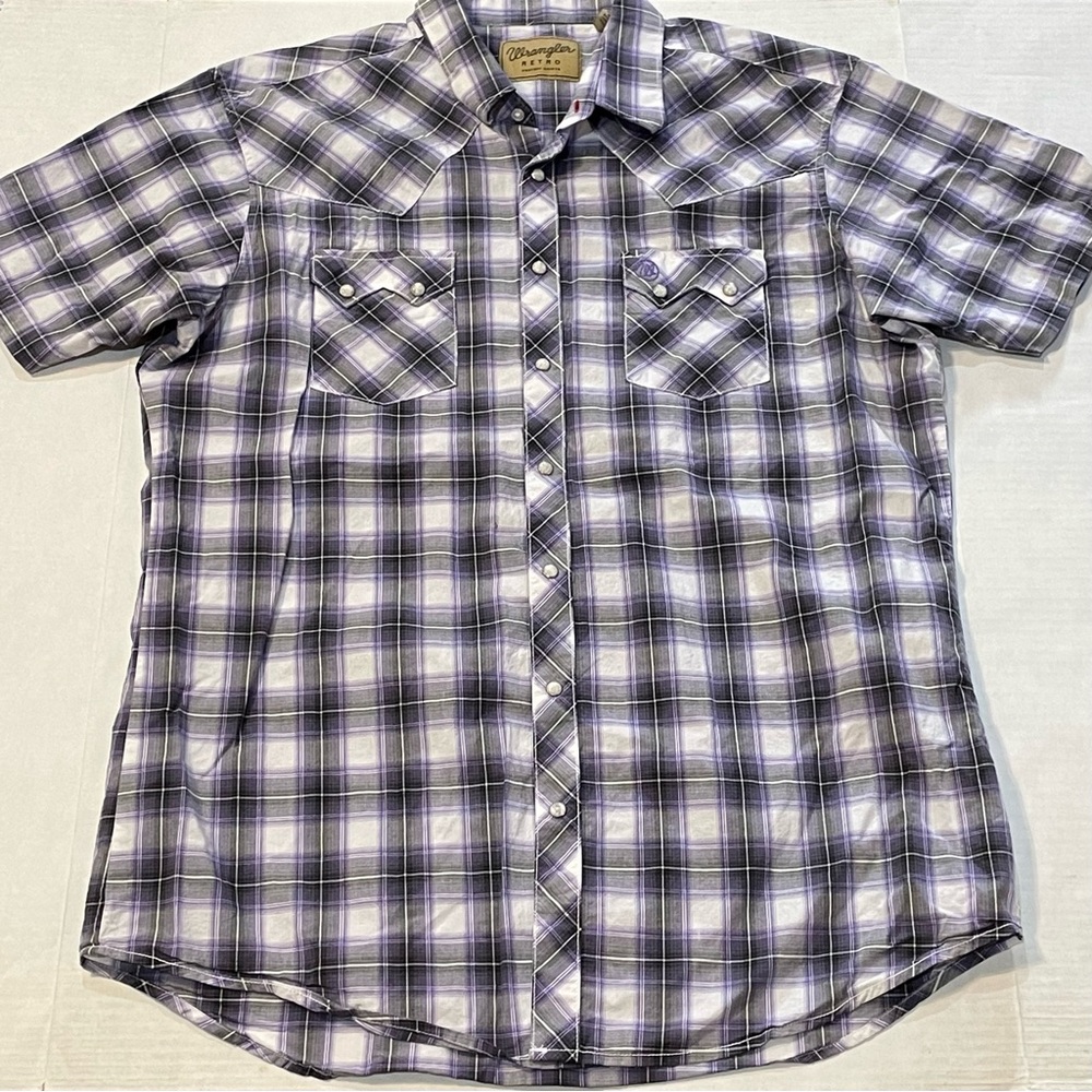 Wrangler Retro Pearl Snap Purple Grey Short Sleeve Plaid Shirt Men's Size 2XT